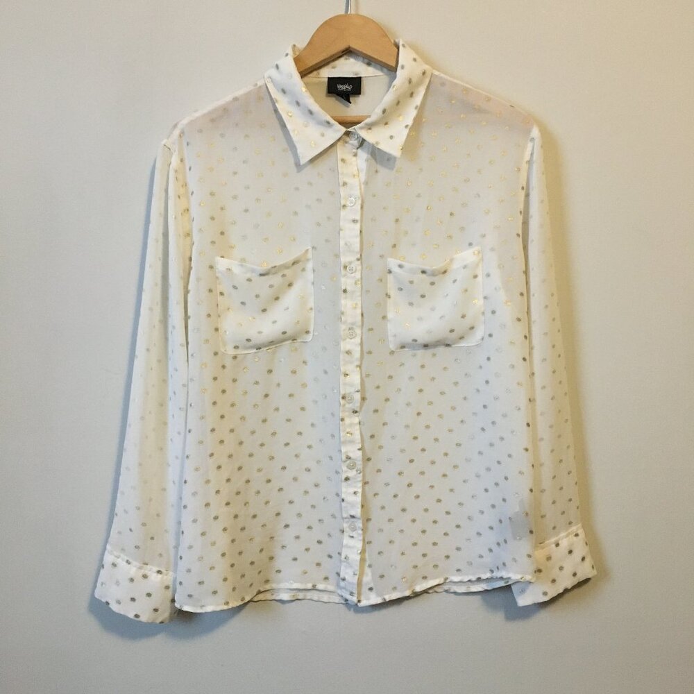 Wassaio White Sheer Gold Polka Dot Disco Button Down Dress Shirt
